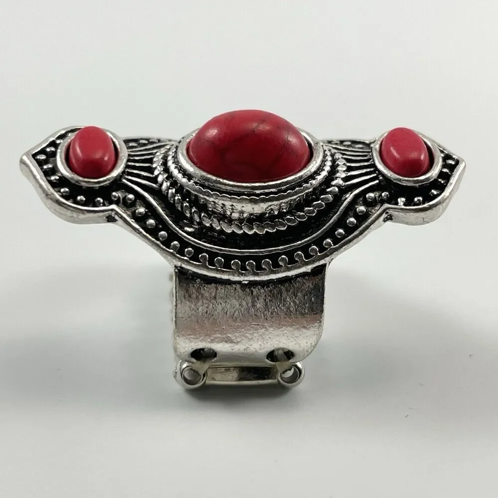 Red Howlite Silver Tone Art Deco Gothic Stretch Band Ring Adjustable Fashion